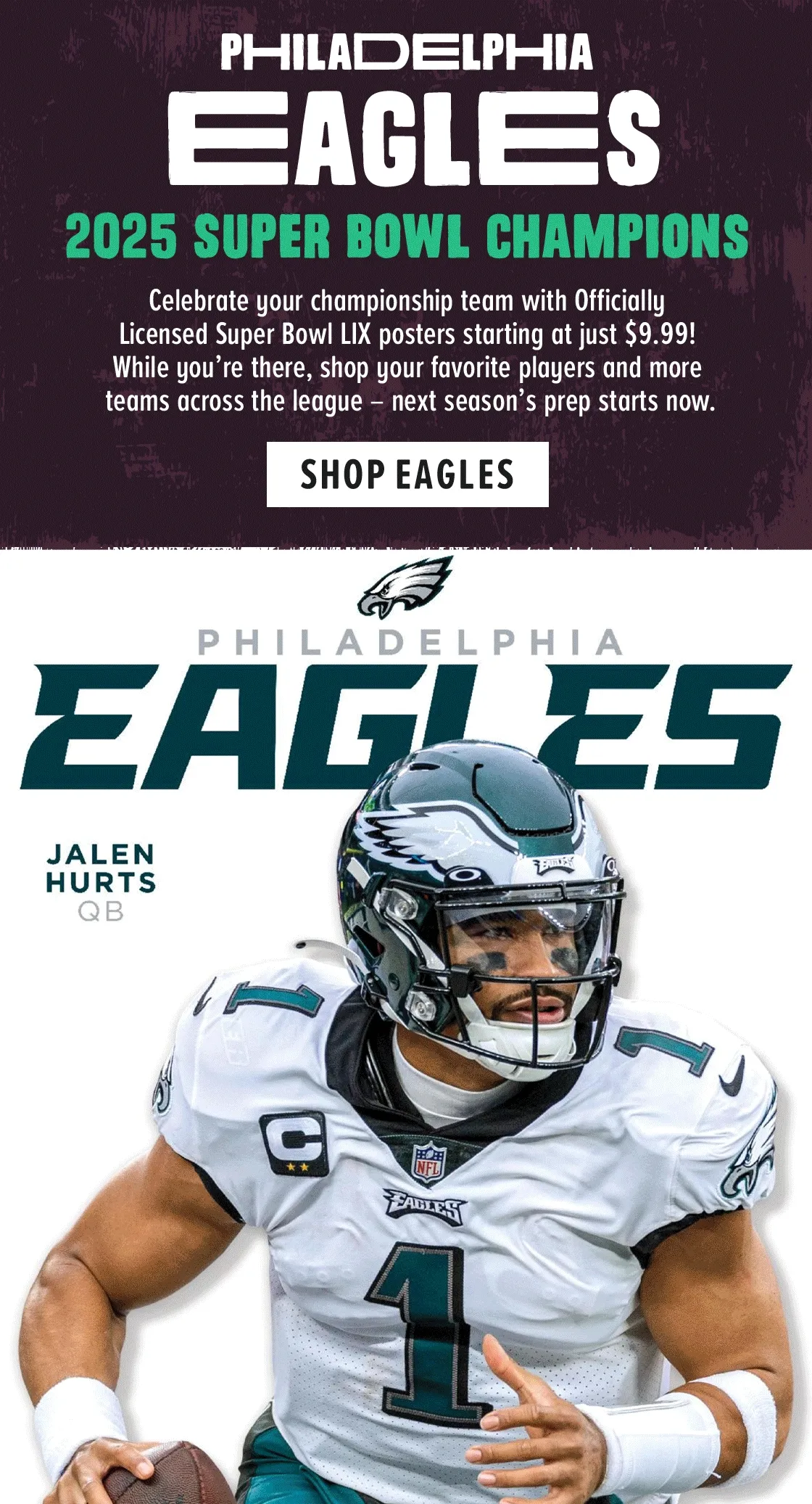 The Philadelphia Eagles are Super Bowl LIX Champions! Celebrate your championship team with Officially Licensed Super Bowl LIX posters starting at just $9.99