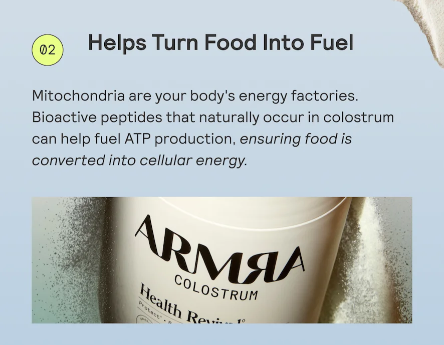 Mitochondria are your body's energy factories. Bioactive peptides that naturally occur in colostrum can help fuel ATP production, ensuring food is converted into cellular energy.