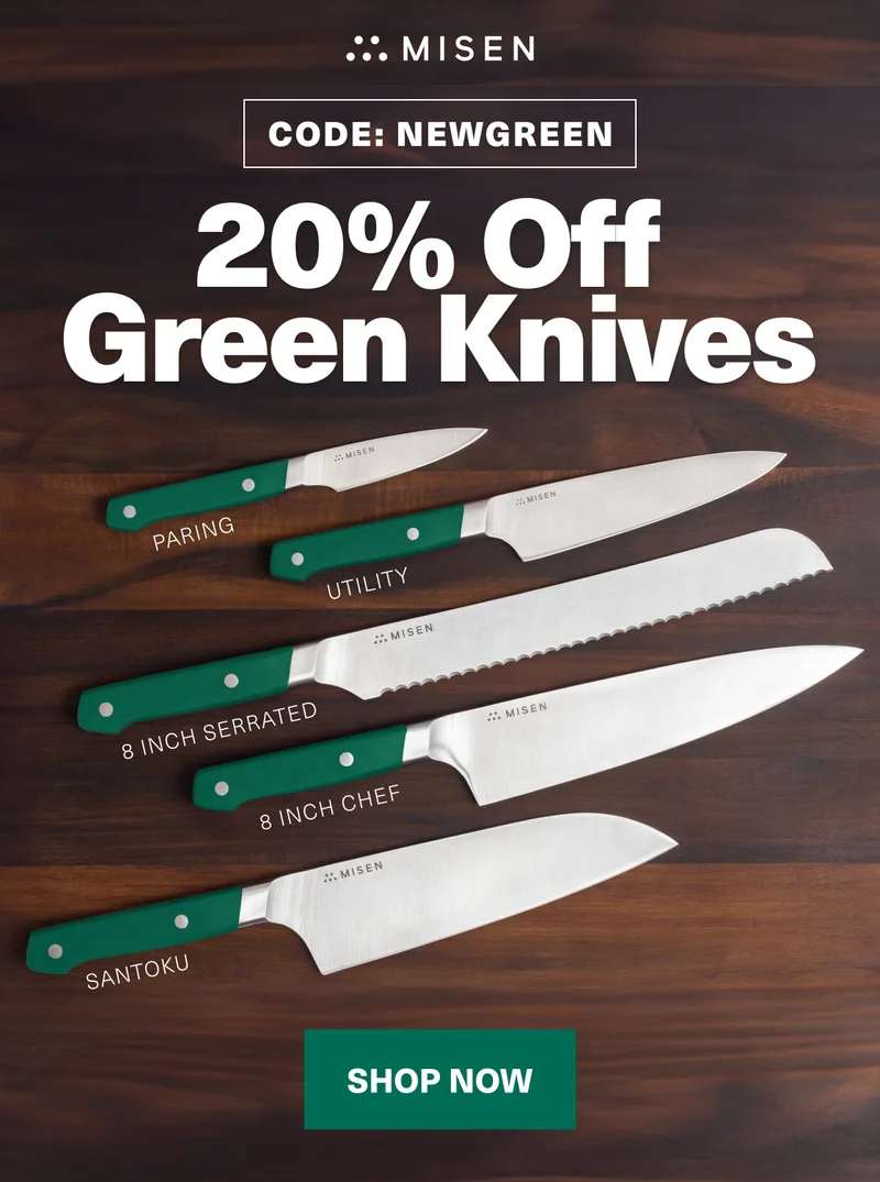 Code: discount code. 20% Off Green Knives
