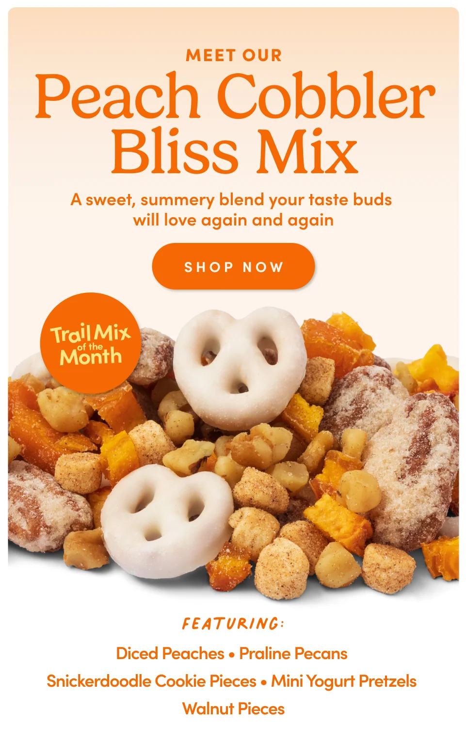 Meet Our Peach Cobbler Bliss Mix A sweet, summery blend your taste buds will love again and again SHOP NOW Featuring: Diced Peaches • Praline Pecans Snickerdoodle Cookie Pieces • Mini Yogurt Pretzels Walnut Pieces