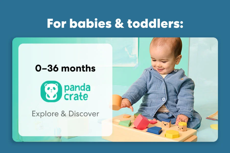 Baby playing with a KiwiCo Panda Crate toy. Designed for ages 0–36 months to explore and discover.
