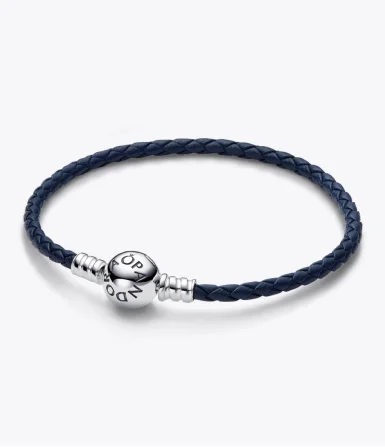 Pandora Moments Round Clasp Blue Braided Leather Bracelet