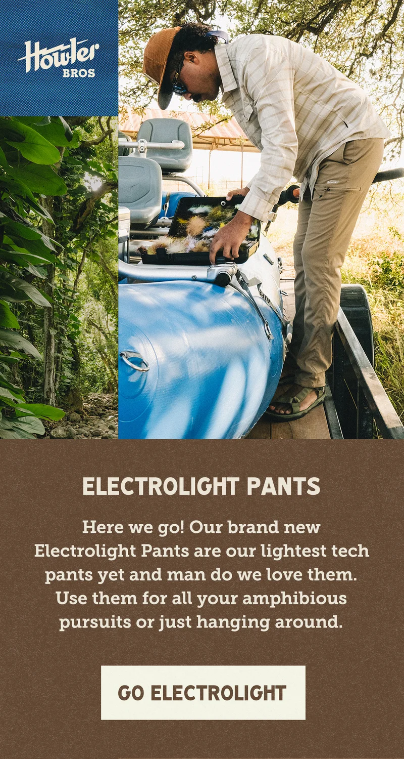 Here we go! Our brand new Electrolight Pants are our lightest tech pants yet and man do we love them. Use them for all your amphibious pursuits or just hanging around.