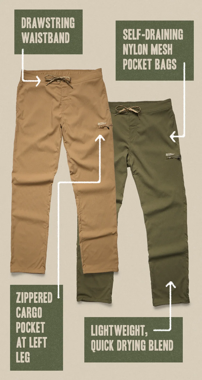 Quick drying blend Drawstring waistband Sideseam pockets Zippered cargo pocket at left leg Snap single back pocket Self-draining nylon mesh pocket bags