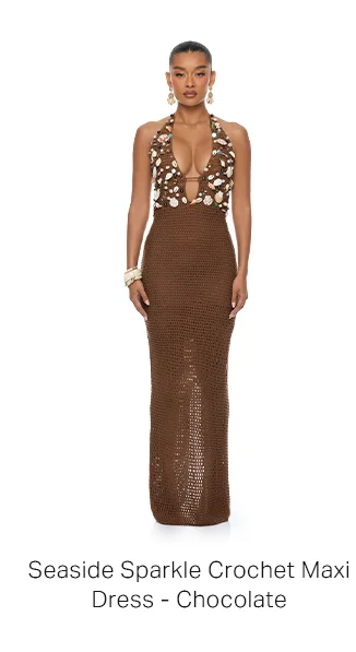 Full-length chocolate crochet maxi dress with a deep V-neck, sparkling seashell halter top. Shop the new Seaside Sparkle collection.