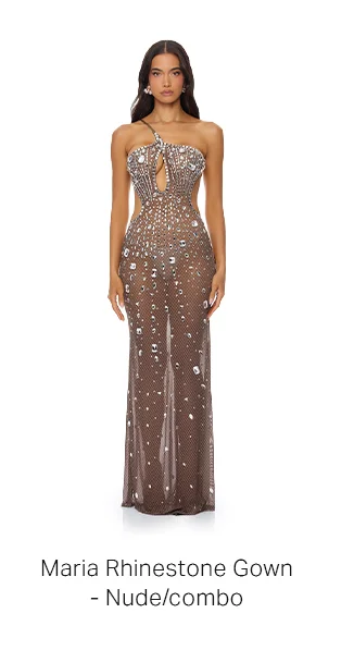 Maria Rhinestone Gown: A dazzling nude/tan one-shoulder formal gown with shimmering silver rhinestones and a striking bodice cutout.