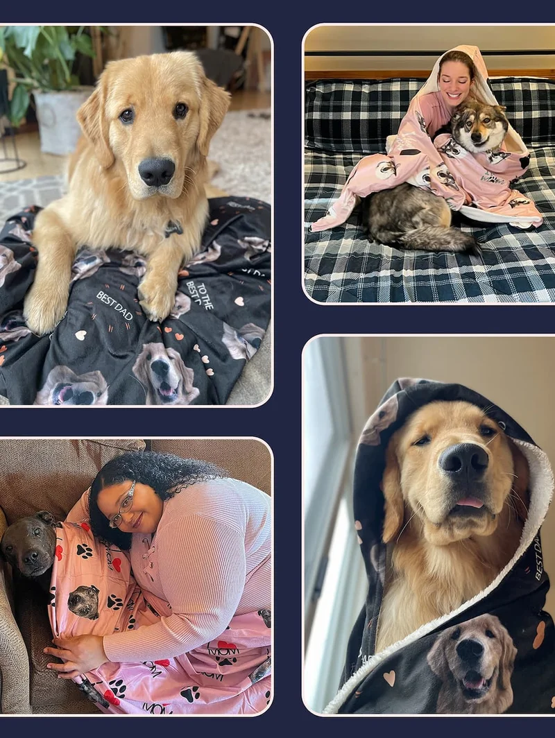 Collage of pet parents with their blankets