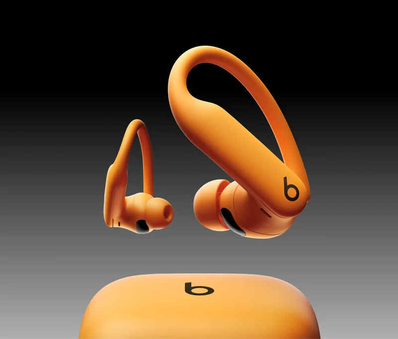 Powerbeats Pro 2 case with earbuds above floating.