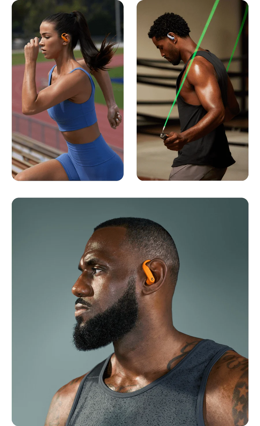 Atheletes wearing Powerbeats Pro 2 in different colors.