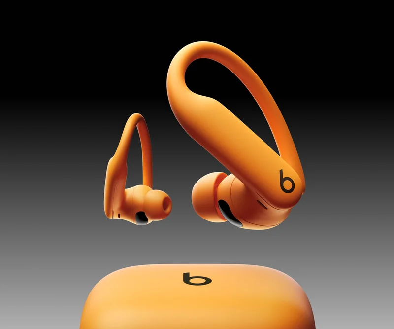 Powerbeats Pro 2 case with earbuds above floating.