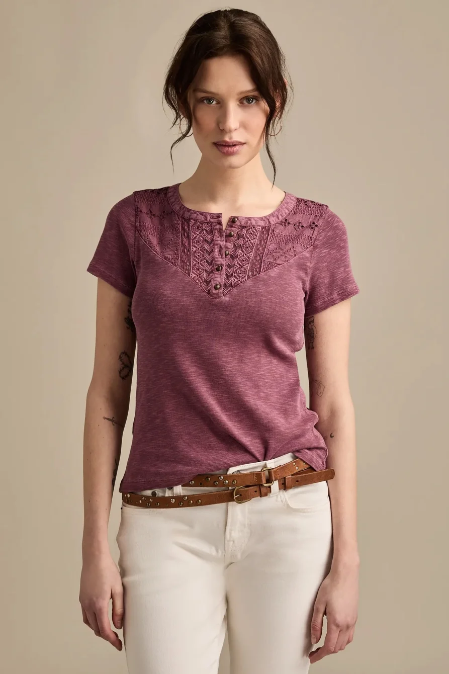 Image of Lucky Brand Cutwork Henley Tee - Women's Clothing Tops Shirts Tee Graphic T Shirts in Red Violet