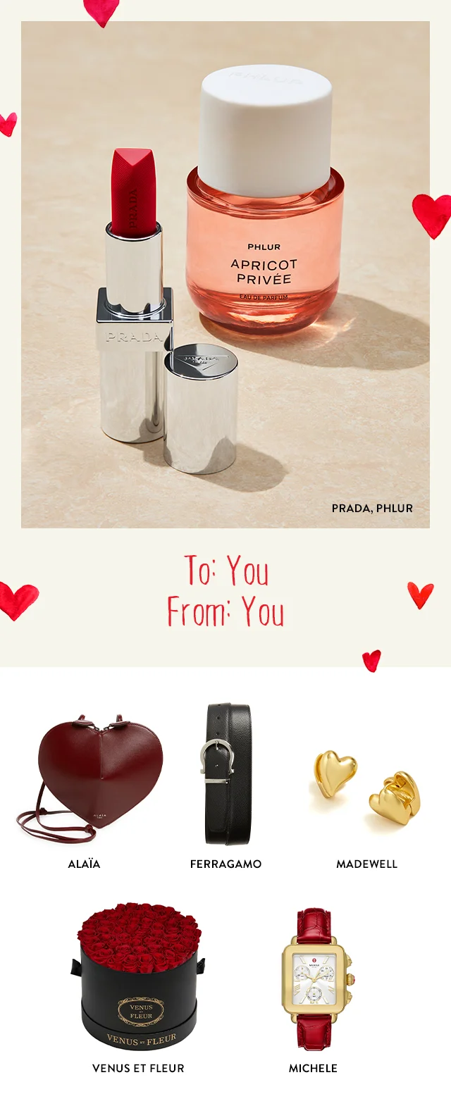 Bottle of PHLUR fragrance and a Prada lipstick. Alaïa crossbody bag, Ferragamo belt, Madewell heart earrings, Venus ET Fleur eternity roses, MICHELE watch.