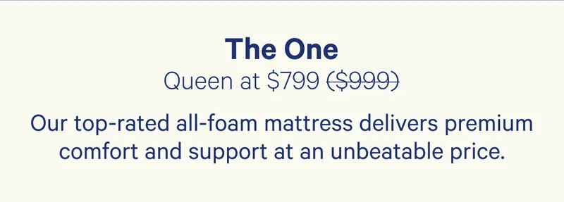 The One Queen at $799; Our top-rated all-foam mattress delivers premium comfort and support at an unbeatable price.