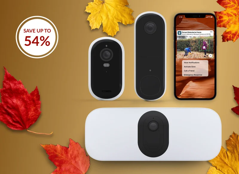 Get up to 54% off. Various Arlo security products next to fall leaves.