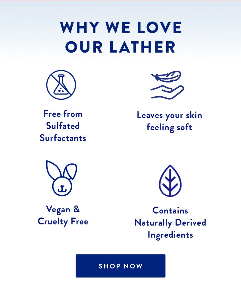 Why We Love Our Lather | Free from Sulfated Surfactants | Leaves your skin feeling soft | Vegan & Cruelty Free | Contains Naturally Derived Ingredients | SHOP NOW