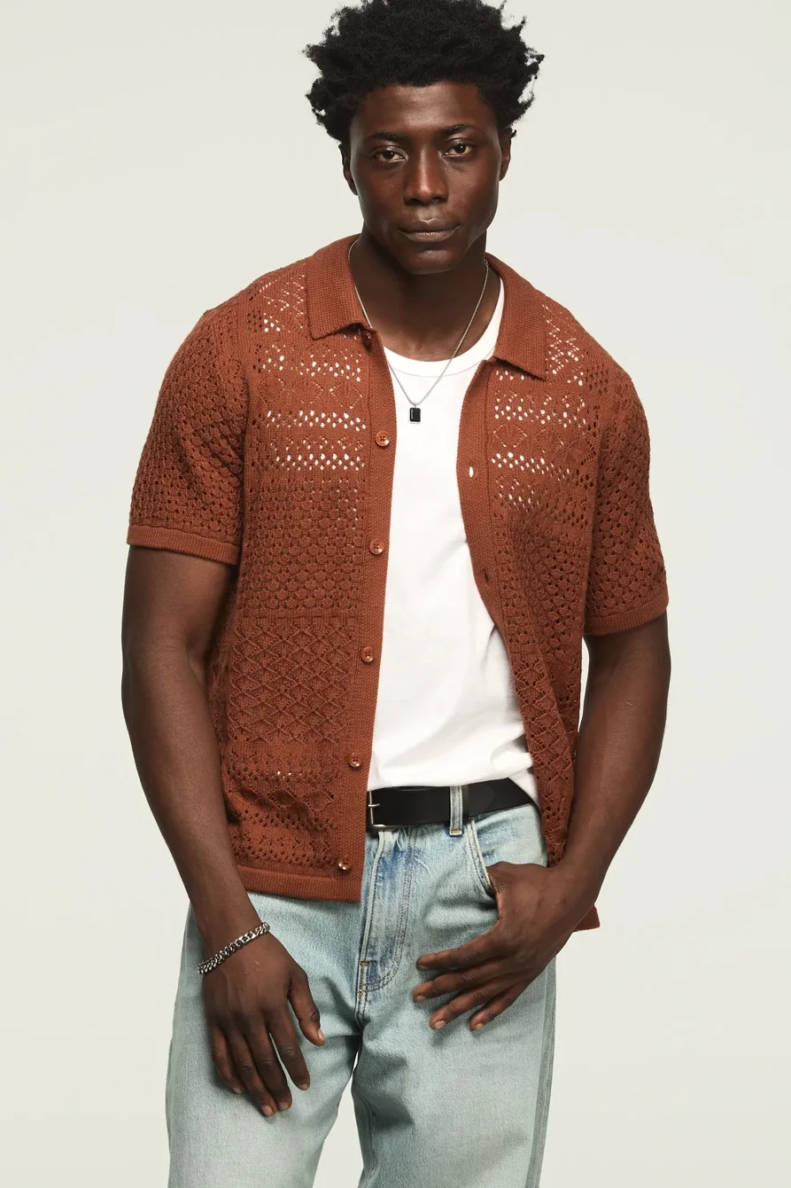 Image of Lucky Brand Granny Square Button Down Sweater -Men's Clothing Tops Sweaters in Cilantro