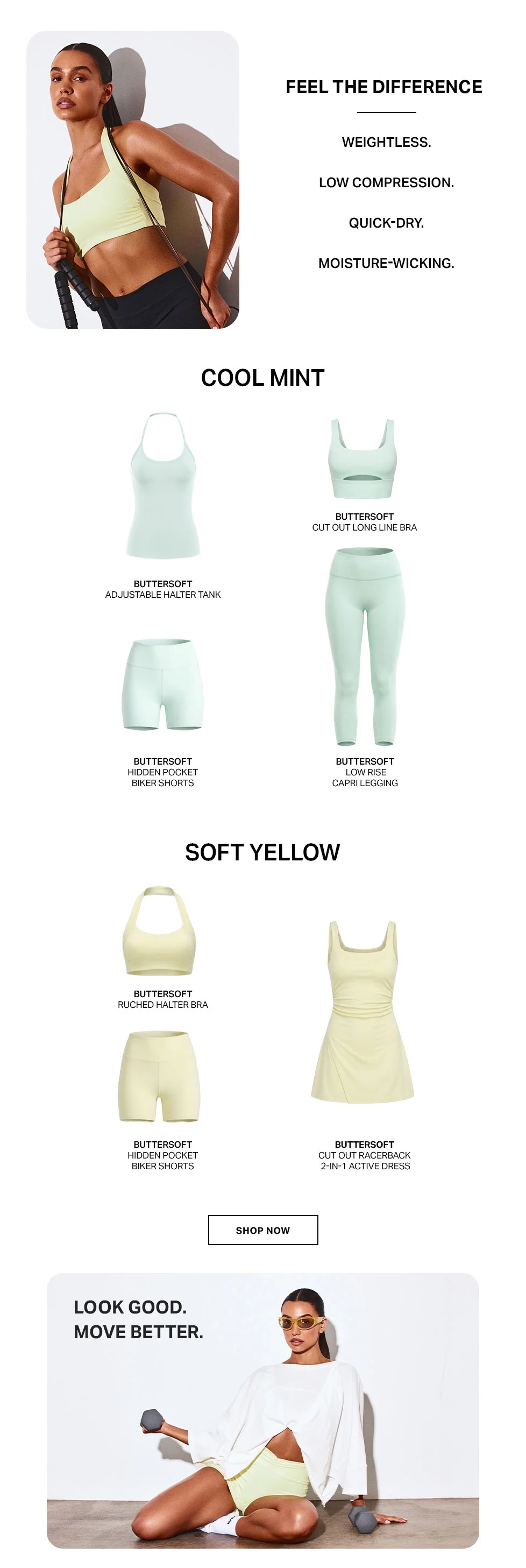 Buttersoft activewear collection featuring women's Cool Mint and Soft Yellow sports bras, leggings, shorts, & dresses. Weightless, quick-dry workout apparel.