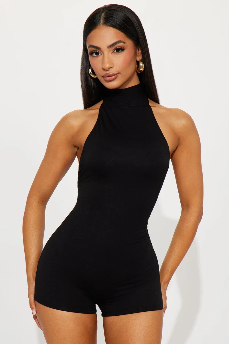 Image of Serenity Backless Halter Romper - Black