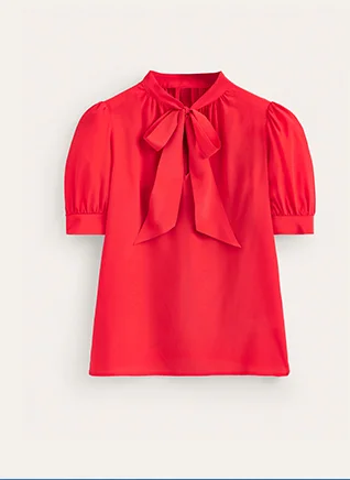Pussy-Bow Silk Blouse - Flame Scarlet
