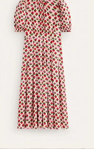 Liv Pleat Detail Midi Dress - Ivory, Strawberry Pop