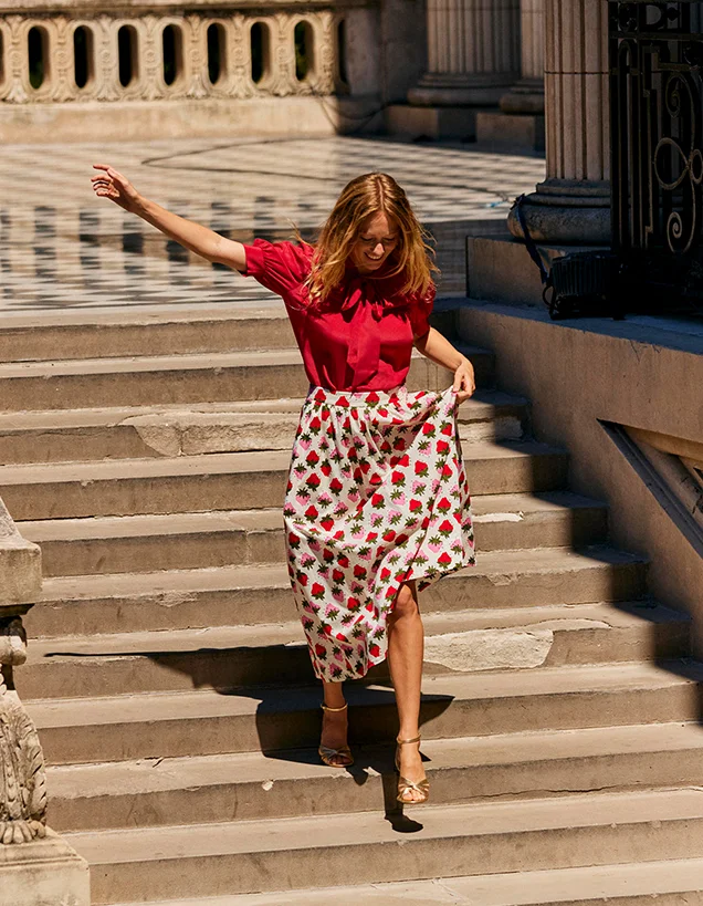 Layla Cotton Sateen Skirt - Ivory, Strawberry Pop