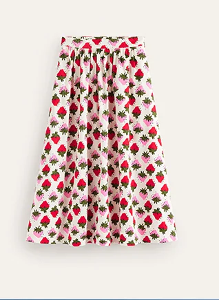 Layla Cotton Sateen Skirt - Ivory, Strawberry Pop