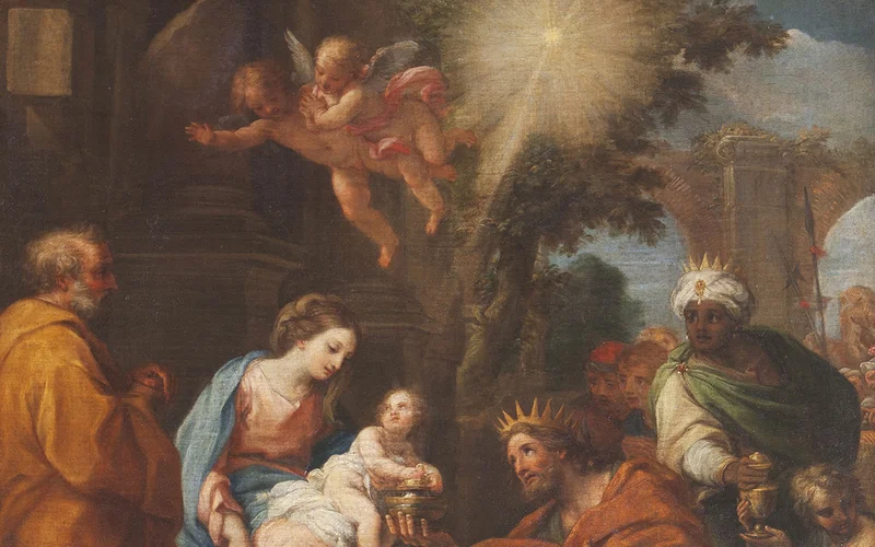 'The Adoration of the Magi' by Guiseppe Chiari (1654-1727). The Virgin Mary, seated on the left and turned to the right, shows the Christ Child to the Wise Men who have come from the east, bearing gifts and following a star.