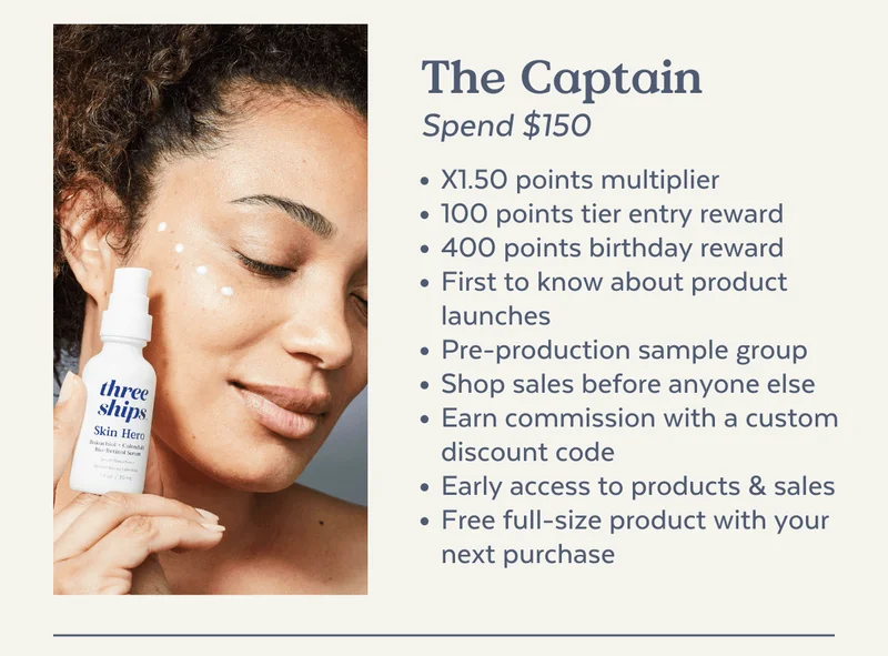 The Captain. X1.50 points multiplier 100 points tier entry reward 400 points birthday reward First to know about product launches Pre-production sample group Shop sales before anyone else Earn commission with a custom discount code Early access to products & sales Free full-size product with your next purchase