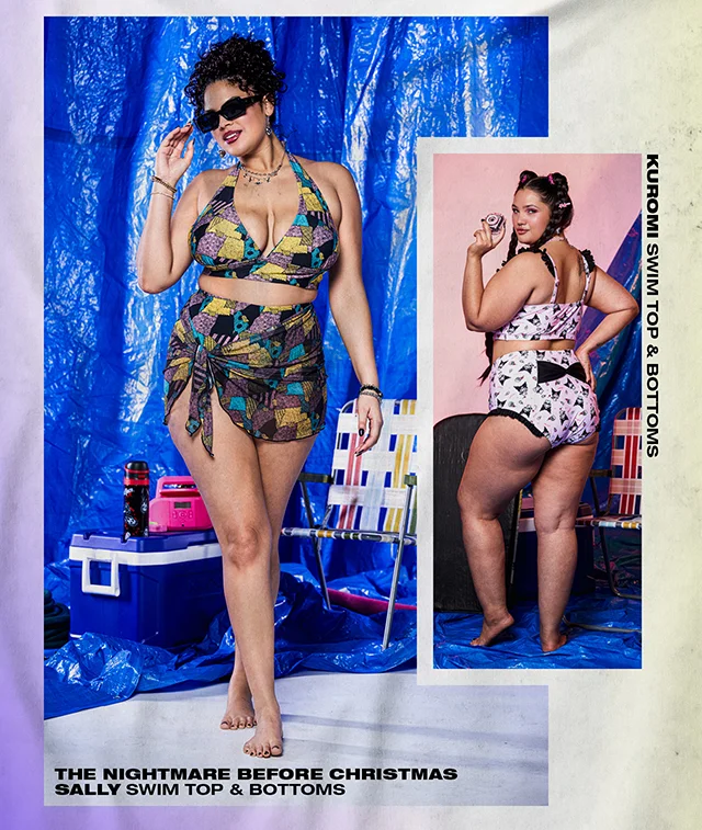 Products Shown - The Nightmare Before Christmas Sally Swim Top And Bottoms And Kuromi Swim Top And Bottoms