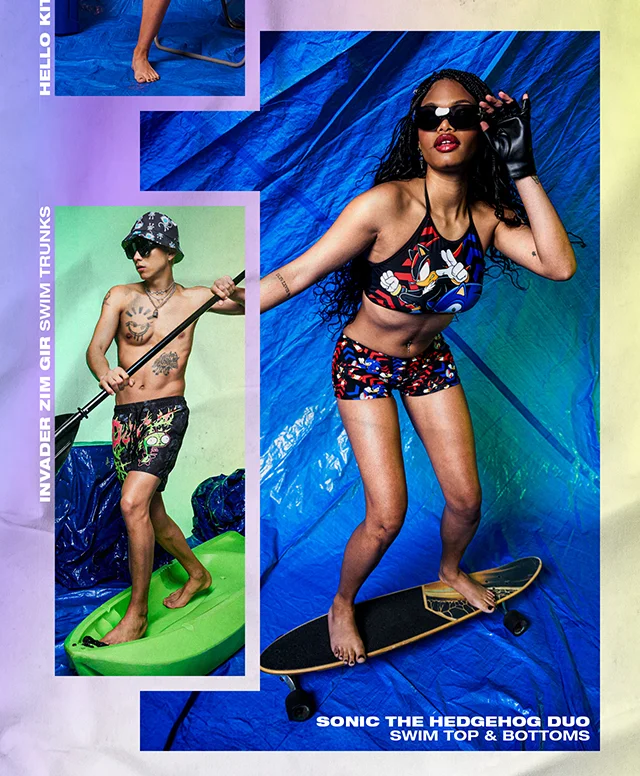 Products Shown - Invader Zim Gir Swim Trunks And Sonic The Hedgehog Duo Swim Top And Bottoms