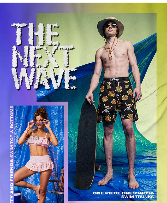The Next Wave. Products Shown - Hello Kitty And Friends Swim Top And Bottoms And One Piece Dressrosa Swim Trunks