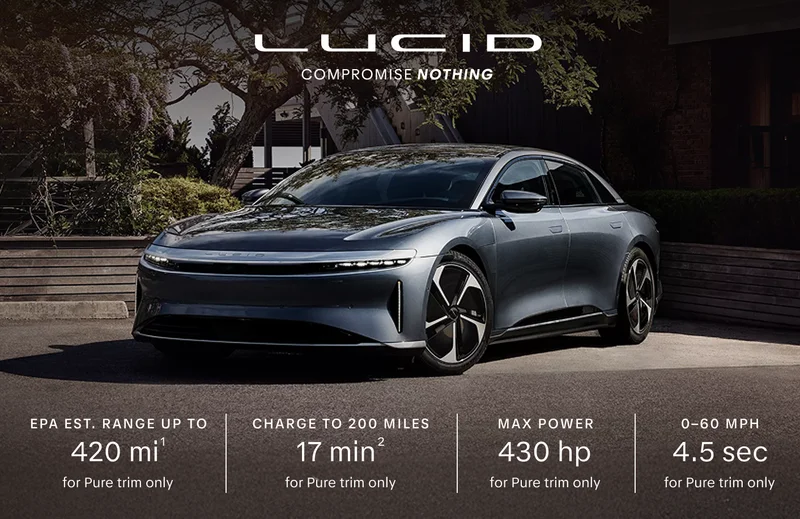 Lucid Motors | Compromise Nothing | EPA est. range up to 420 mi(1) for Pure trim only | Charge up to 200 miles 17 min(2) Pure trim only | Max power 430 hp for Pure trim only | 0-60 MPH 4.5 secs for Pure trim only
