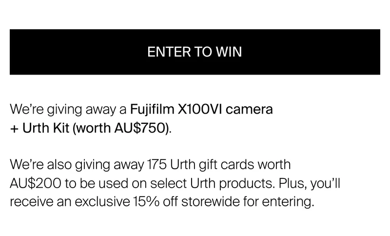 Our biggest photography giveaway with over $35,000 worth of prizes  starts now. We’re giving away a Fujifilm X100VI camera + Urth Kit (worth $750) and 175 Urth gift cards worth $200.
