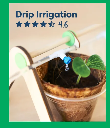 A close-up of a homemade drip irrigation system made from a plastic bottle, labeled ''Drip Irrigation – ★★★★☆ 4.6''.