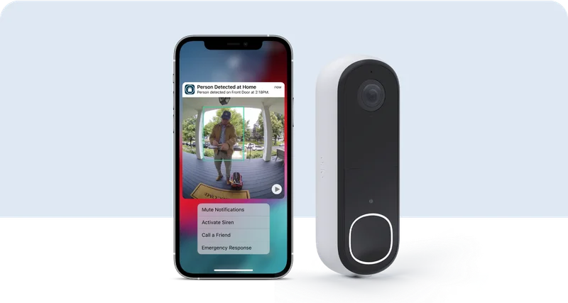 Arlo Video Doorbell next to a phone displaying a simulated screen image of an Arlo Secure notification with animated preview.