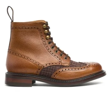 Ness R Derby Brogue Boot in Almond Grain Leather/Partridge Tweed