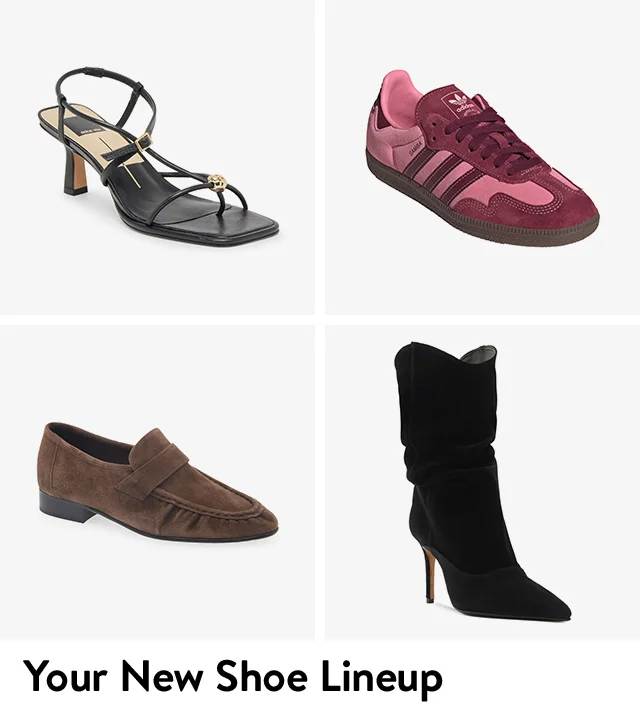 A strappy black sandal, pink and maroon sneaker, brown loafer and slouchy black boot.