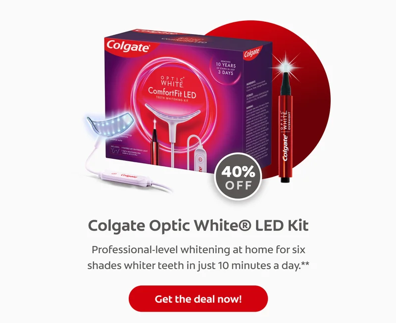 Colgate Optic White® LED Kit Professional-level whitening at home for six shades whiter teeth in just 10 minutes a day.** Get the deal now!
