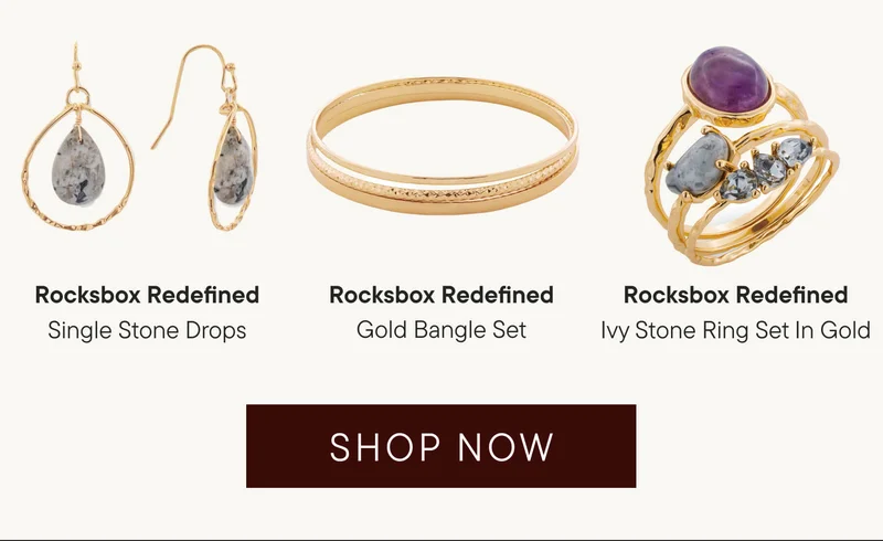 Rocksbox Redefined Single Stone Drops | Rocksbox Redefined Gold Bangle Set | Rocksbox Redefined Ivy Stone Ring Set In Gold | Shop Now