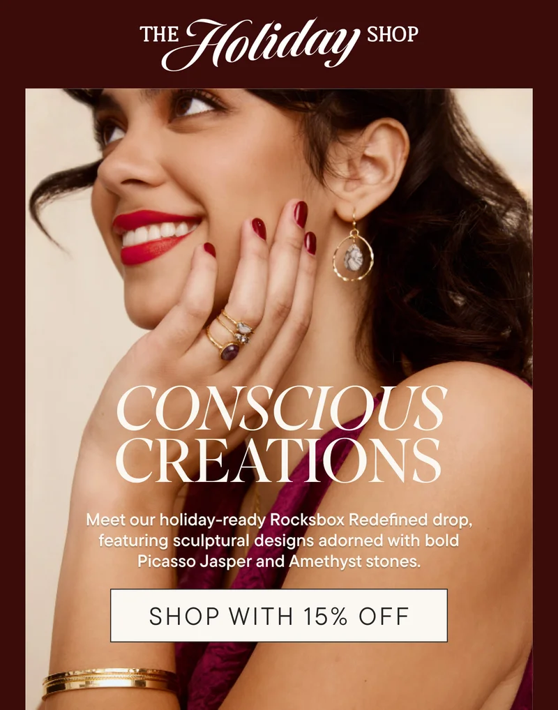 The Holiday Shop. Conscious creations. Meet our holiday-ready Rocksbox Redefined drop, featuring sculptural designs adorned with bold Picasso Jasper and Amethyst stones. Shop with 15% Off.