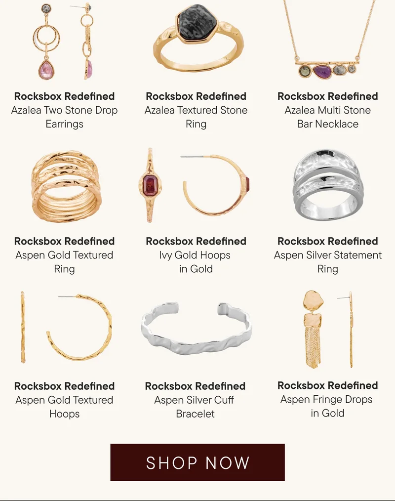 Rocksbox Redefined Azalea Two Stone Drop Earrings | Rocksbox Redefined Azalea Textured Stone Ring | Rocksbox Redefined Azalea Multi Stone Bar Necklace | Rocksbox Redefined Azalea Aspen Gold Textured Ring | Rocksbox Redefined Ivy Gold Hoops in Gold | Rocksbox Redefined Aspen Silver Statement Ring | Rocksbox Redefined Aspen Gold Textured Hoops | Rocksbox Redefined Aspen Fringe Drops In Gold |Shop Now