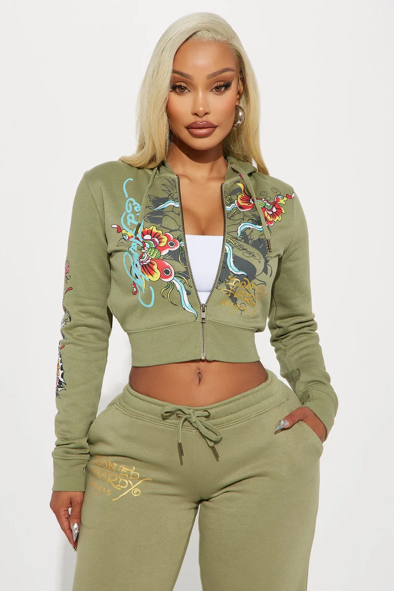 Image of Ed Hardy Butterfly Zip Front Hoodie - Sage
