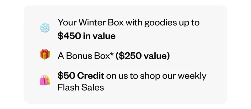 Your Winter Box with goodies up to $450 in value | A Bonus Box ($250 value) | $50 Credit on us to shop our weekly Flash Sales