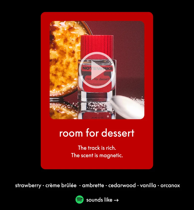room for dessert: strawberry • crème brûlée accord • ambrette • cedarwood • vanilla • orcanox. The track is rich. The scent is magnetic.