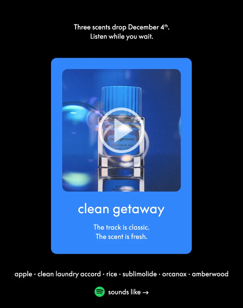 clean getaway: apple • clean laundry accord • rice • sublimolide • orcanox • amberwood . The track is classic. The scent is fresh.