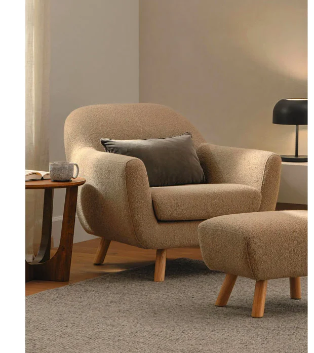 Furniture that combines organic shapes and materials with pops of colour.
