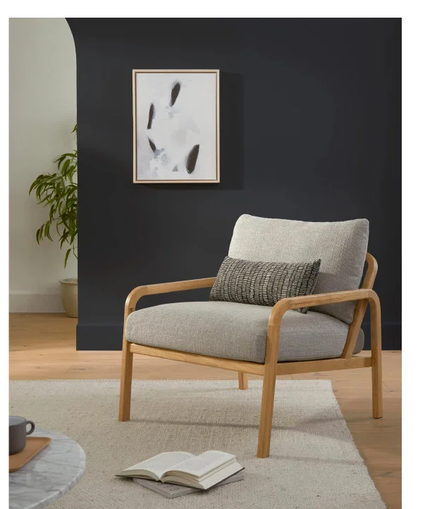 Furniture that combines organic shapes and materials with pops of colour.