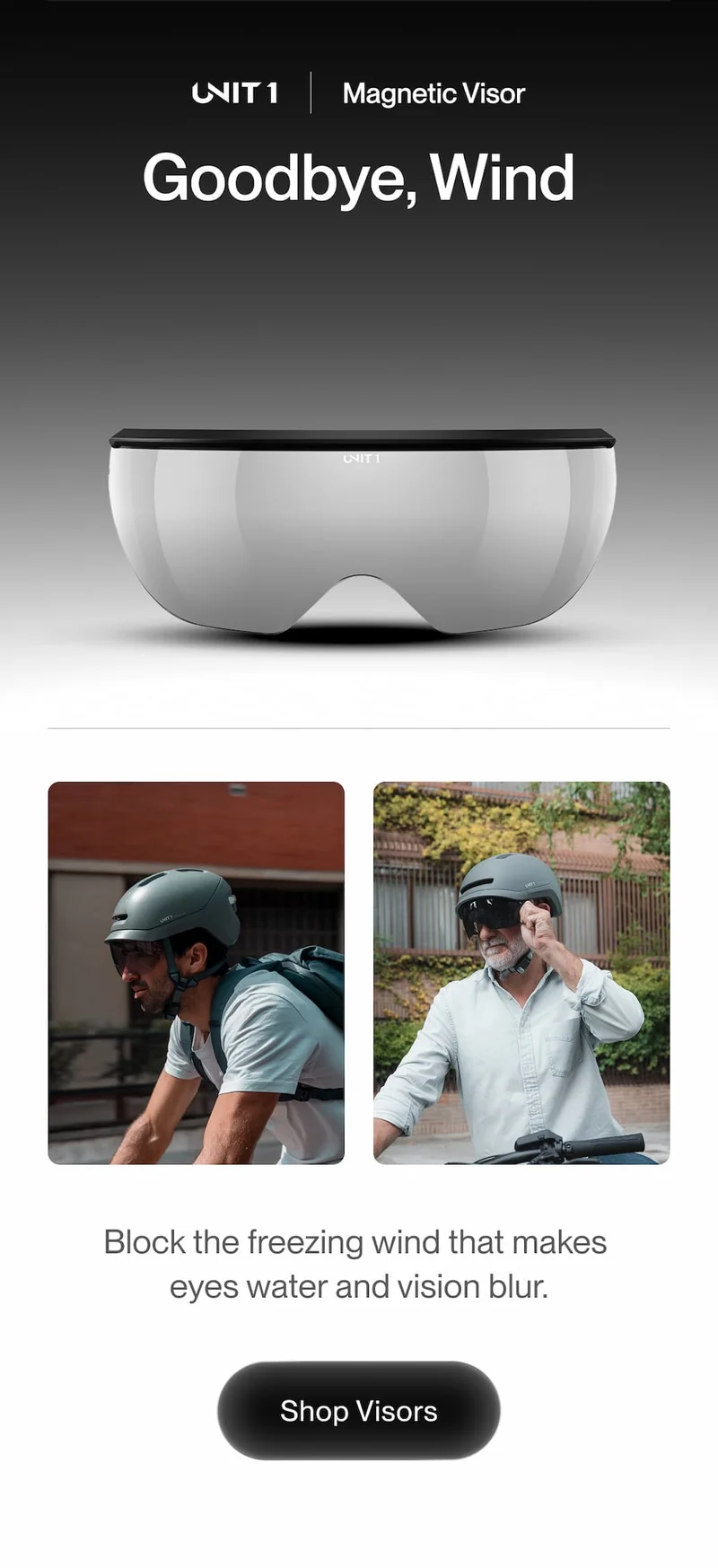 UNIT 1 Magnetic Visor product image showing full-face wind protection.