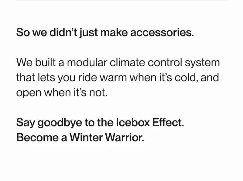 “Text explaining that UNIT 1 accessories form a modular climate control system designed to keep riders warm in cold weather and open ventilation when conditions change.