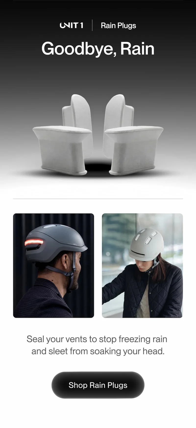 UNIT 1 Rain Plugs shown sealing helmet vents to block rain and sleet.